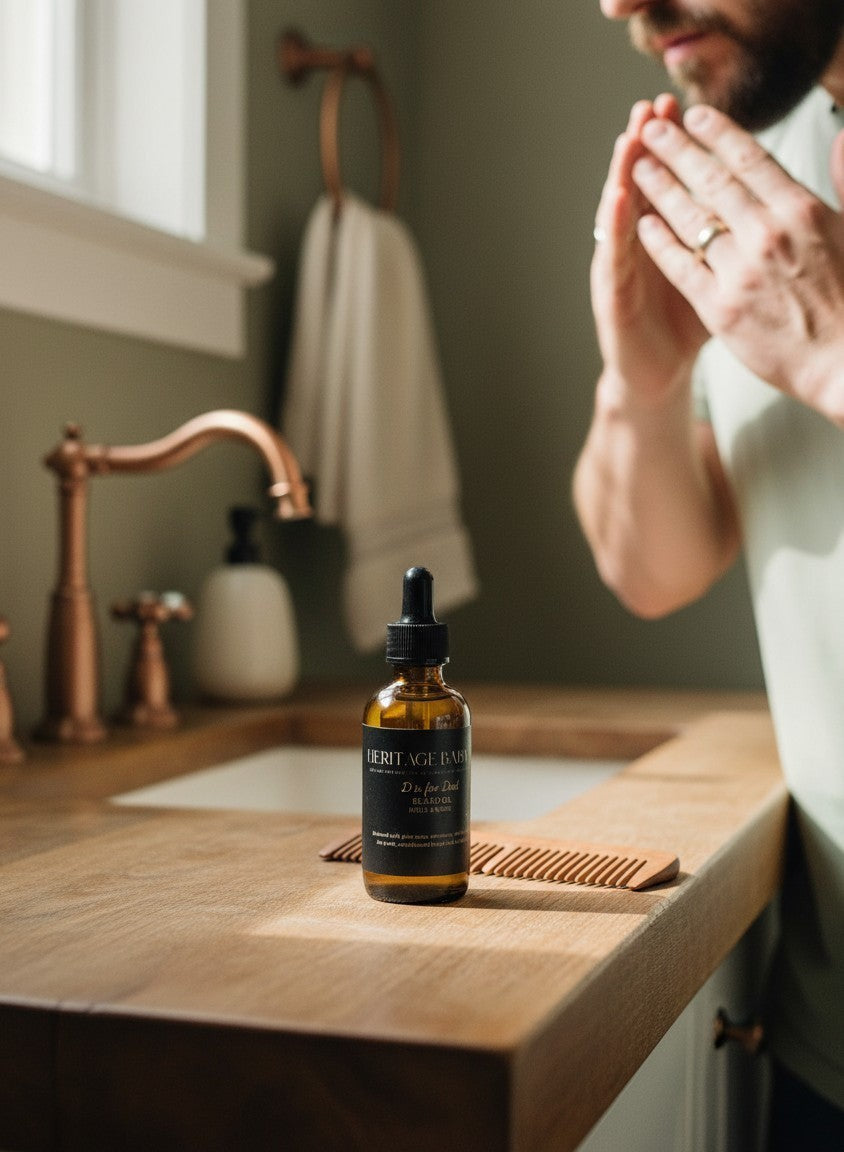 Heritage Baby Co. D is for Dad beard oil bottle with dropper on a wooden vanity next to a wooden comb.