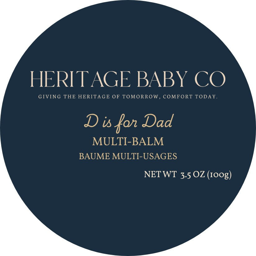 Heritage Baby Co. D is for Dad multi-balm in a 3.5 oz tin, a tallow-based skin conditioner for hands and beard.