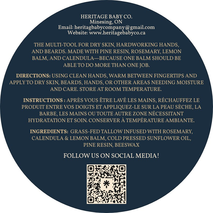 Heritage Baby Co. D is for Dad multi-balm label featuring tallow, pine resin, and herbal ingredients for dry skin.