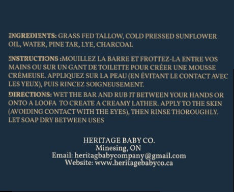 Heritage Baby Co. Pine Tar & Charcoal Soap bar with tallow, featuring ingredients and directions on the packaging.
